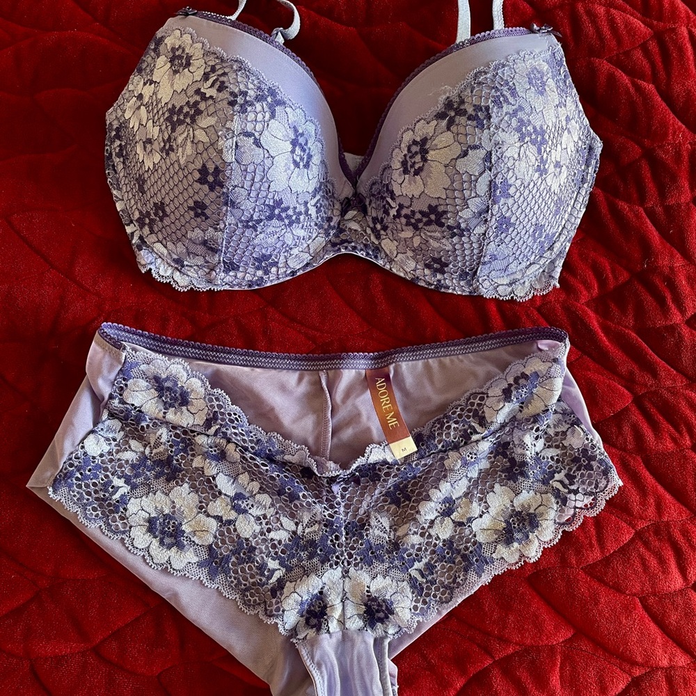 Adore Me Lavender Floral Lace Bra 36 DDD and Panty M NWOT